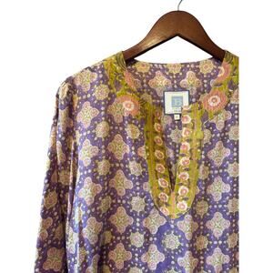 Alicia Bell | Silk-Cotton Purple Hand Block Print Tunic Sleep Top | Size Small
